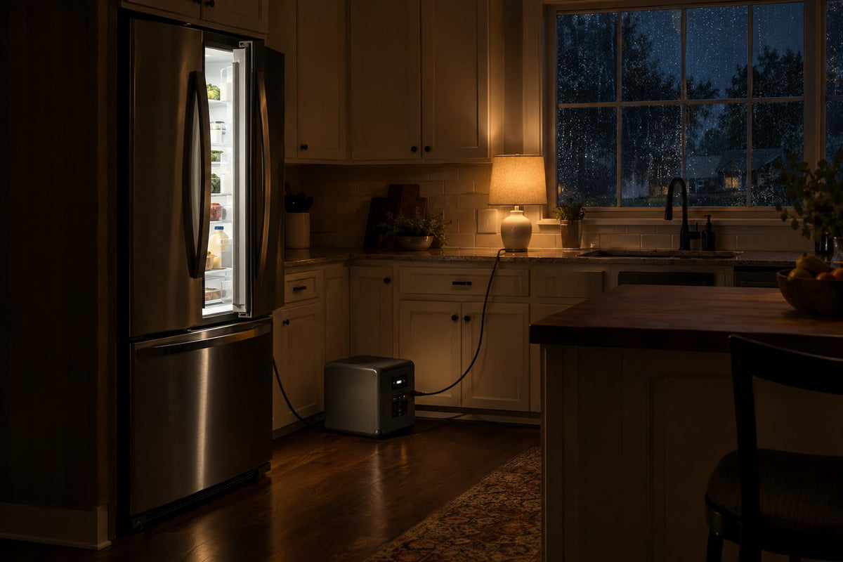 Home battery backup running a refrigerator during a storm outage