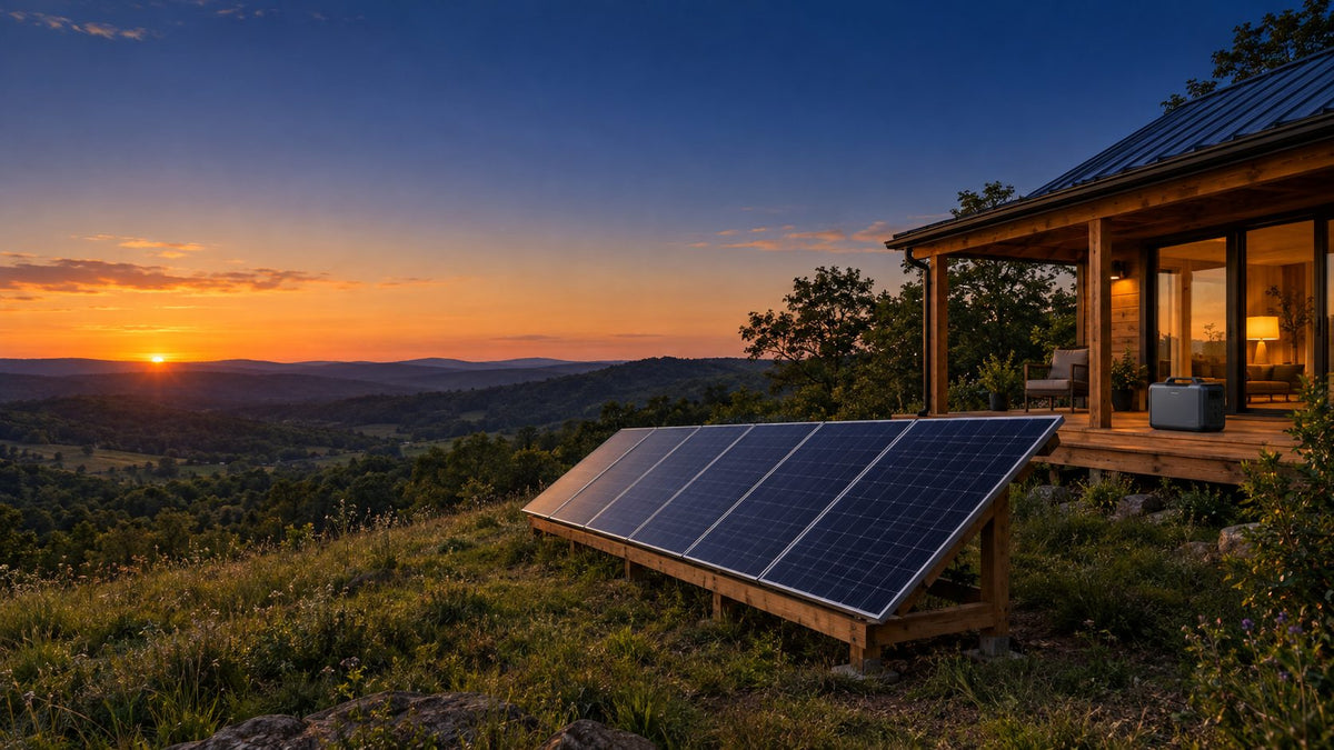 Solar panels and a portable power station outside an off-grid cabin at sunset